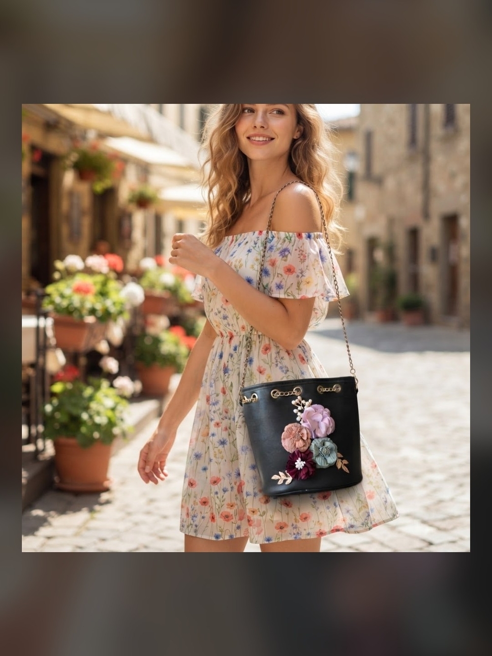 Black Floral Faux Leather Bucket Bag / Mini Backpack with Chain Strap